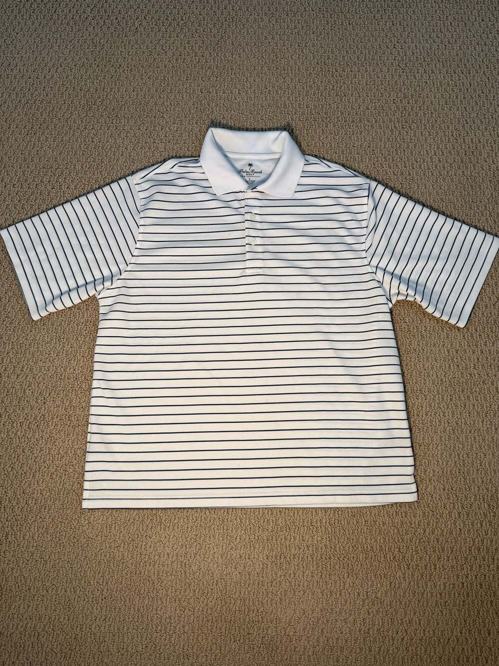 Palm Beach Golf Performance Polo Shirt Size L White Blue Stripe